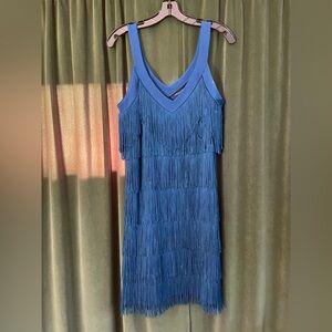 White House Black Market Blue Fringe V-Neck Mini Dress
